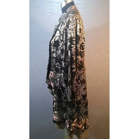 Chicos Velvet Burnout Floral Duster Cardigan Olive Green Silver Size 2 Large - Picture 6 of 8